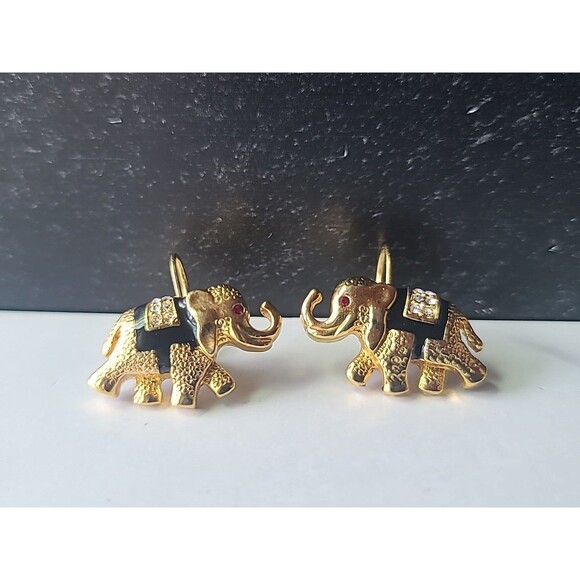 Gold Tone Metal Elephant Shaped Red Rhinestone Eyes Leverback Earrings Vintage - Picture 2 of 10